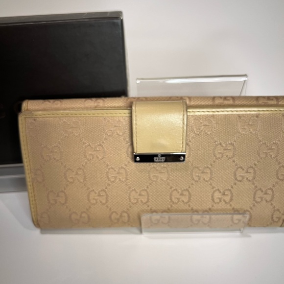 AUTHENTIC GUCCI GG SIGNATURE CANVAS LONG WALLET BEIGE IVORY LEATHER WITH BOX - Picture 2 of 12